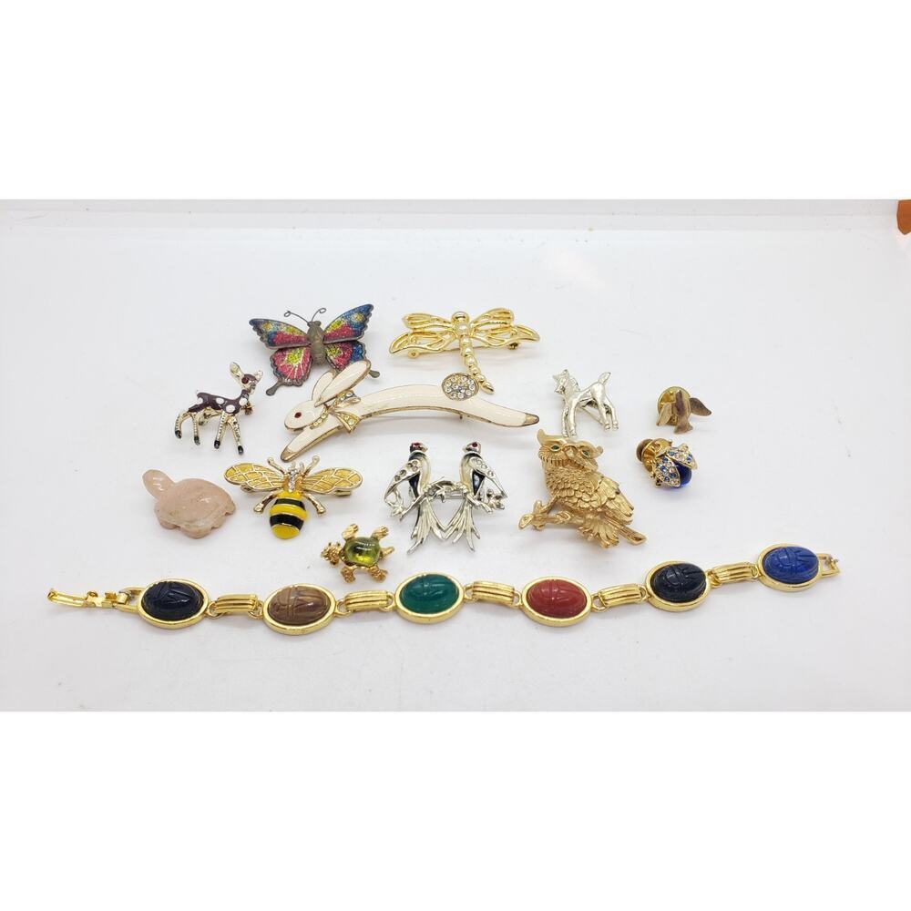 Vintage Lot Brooch Bracelet Insects Scarabs Animals Butterflies Bunny Bird Bees